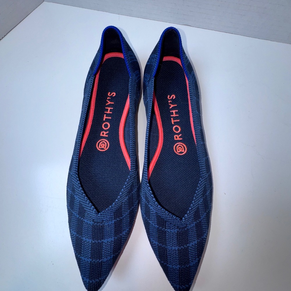 Rothy's The Point Women 8.5 Retired Indigo Gingham Plaid Flats Preppy